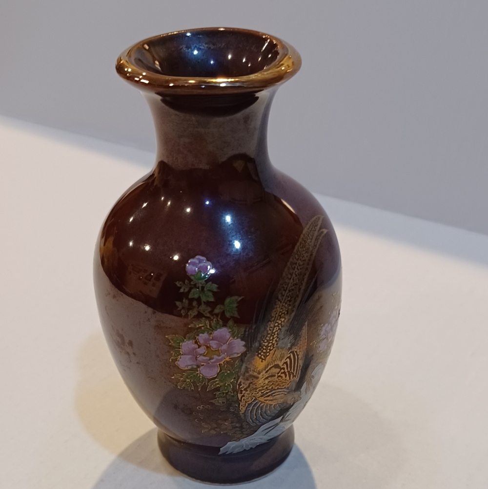 Vintage Japanese Elegant Brown Handpainted Mini Ceramic Vase w/ Peonies Peacock